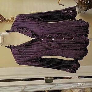Agora purple crinkle fabric jacket ruffle neck & cuff Rhinestone buttons…L EUC